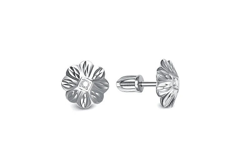 Серьги-пусеты Цветы из белого золота с 2 фианитами