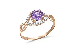 Кольцо из красного золота с аметистом и 22 фианитами