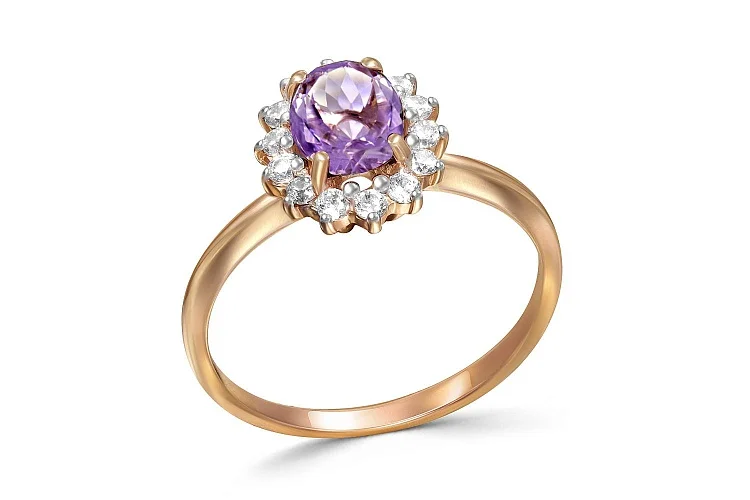 Кольцо из красного золота с аметистом и 14 фианитами