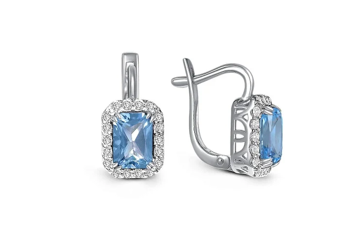 Серьги из белого золота с 2 топазами swiss и 36 фианитами