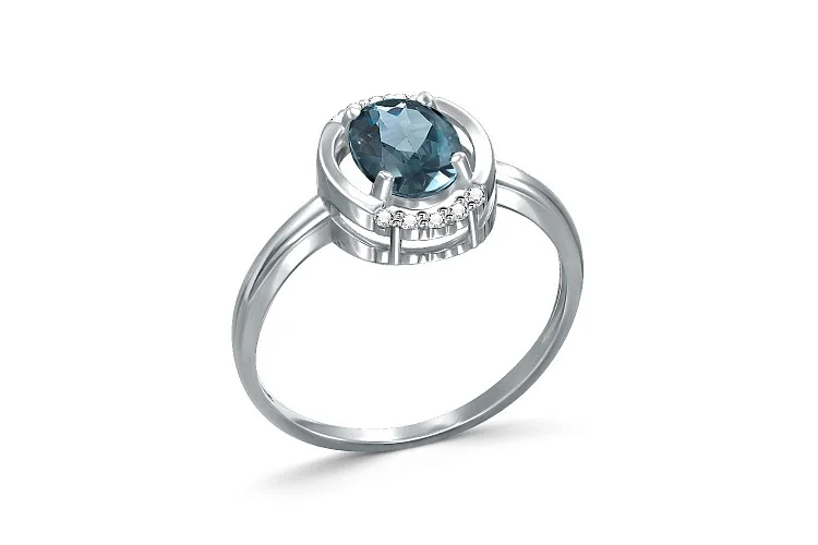 Кольцо из белого золота с топазом лондон и 10 фианитами