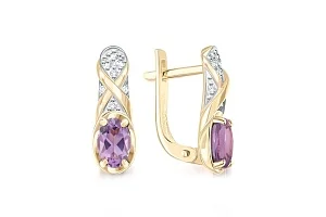 Серьги из жёлтого золота с 2 аметистами и 14 фианитами