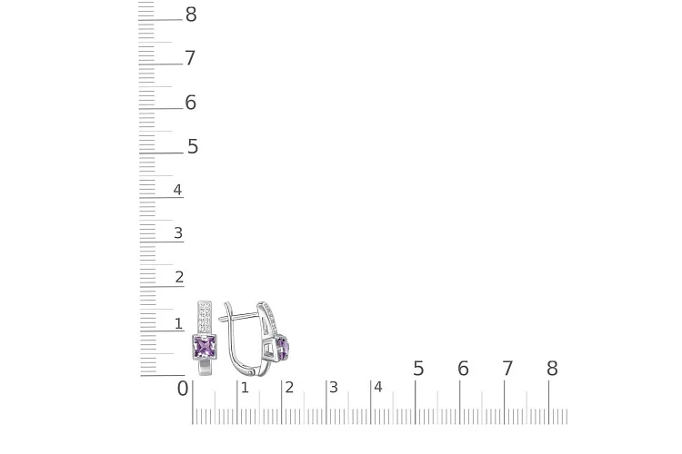 Серьги из белого золота с 2 аметистами и 20 фианитами