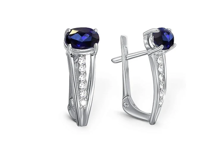 Серьги из белого золота с 2 сапфирами и 12 бриллиантами