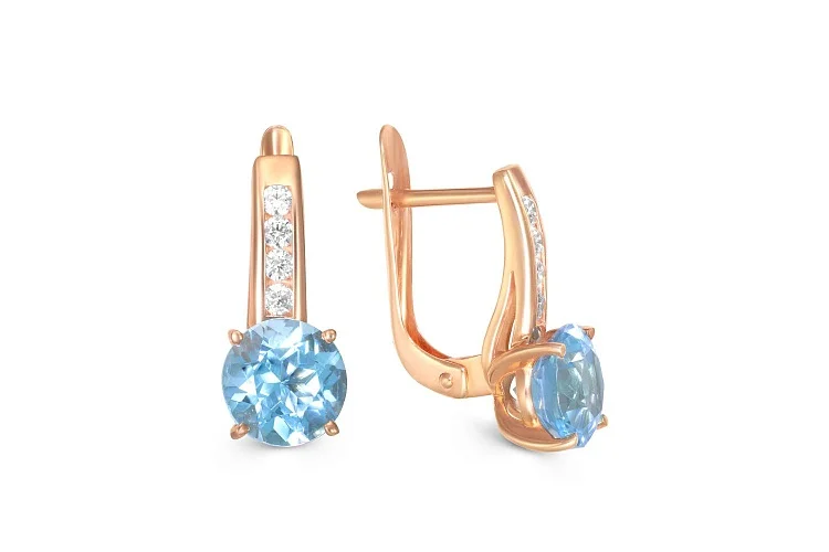 Серьги из красного золота с 2 топазами swiss и 8 фианитами