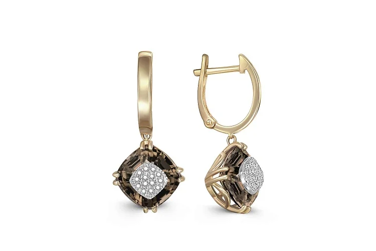 Серьги из жёлтого золота с 2 раухтопазами и 28 бриллиантами