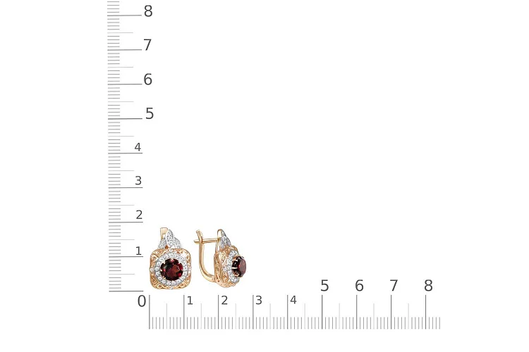Серьги из красного золота с 2 гранатами и 56 фианитами