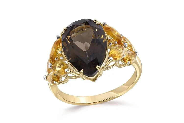 Кольцо из жёлтого золота с раухтопазом и 10 цитринами