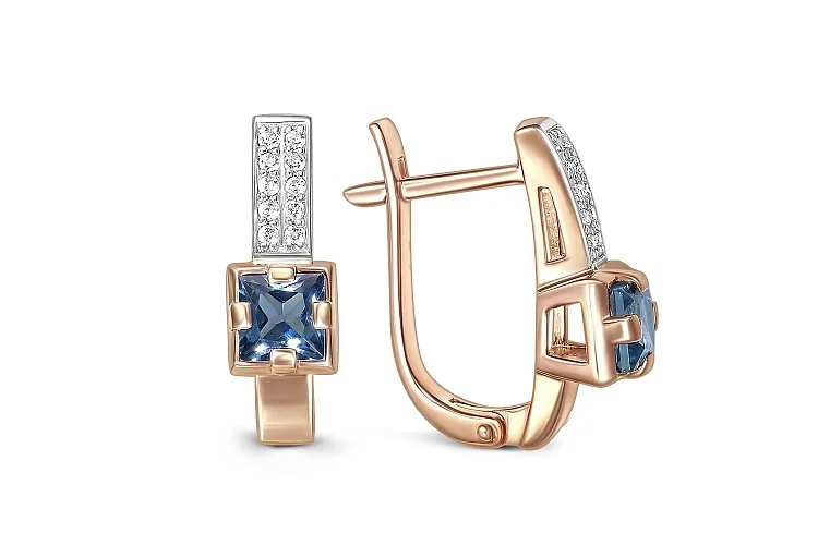 Серьги из красного золота с 2 топазами лондон и 20 фианитами