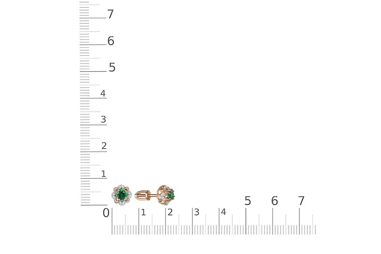 Серьги-пусеты Цветы из красного золота с 2 изумрудами и 16 фианитами