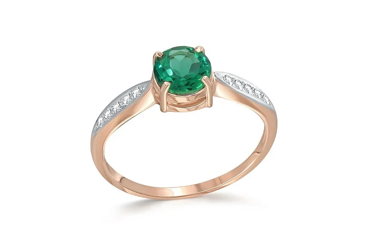 Кольцо из красного золота с изумрудом и 10 фианитами