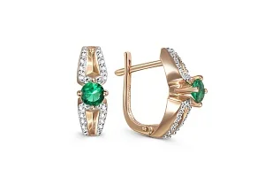 Серьги из красного золота с 2 изумрудами и 32 фианитами