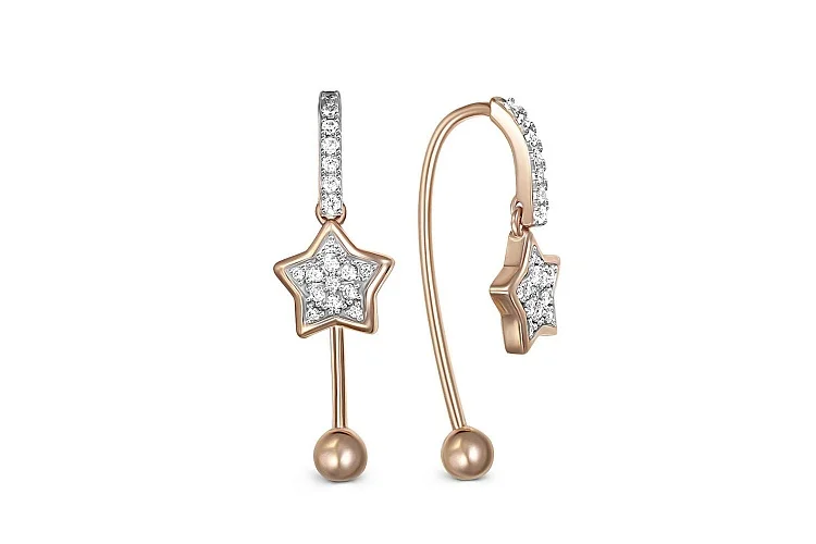 Серьги Звезды из красного золота с 38 фианитами