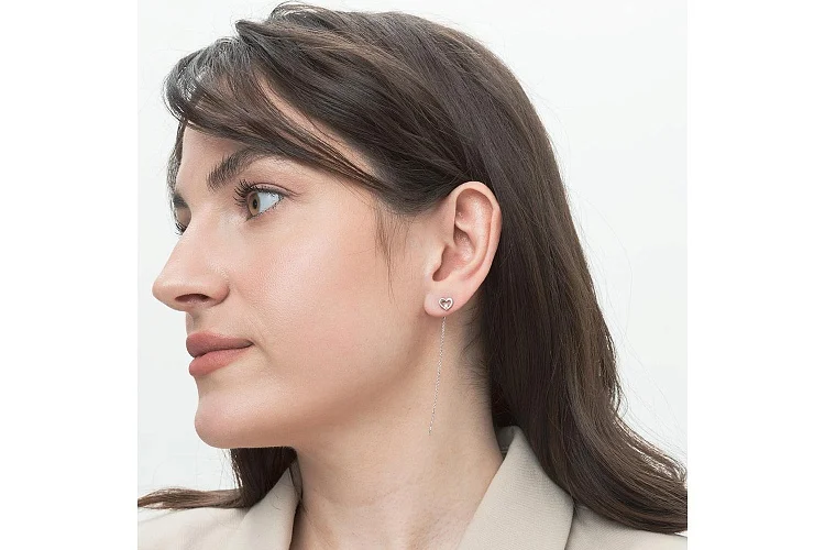 Серьги-продёвки Сердца из белого золота с 2 фианитами