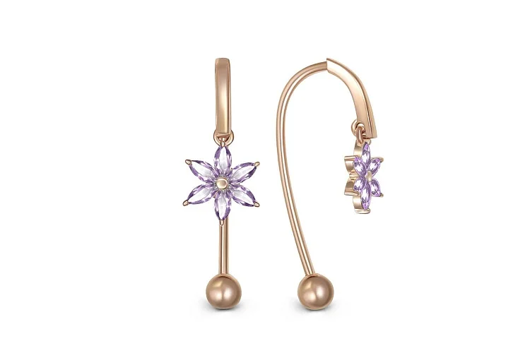 Серьги Цветы из красного золота с 12 аметистами