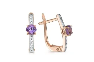 Серьги из красного золота с 2 аметистами и 14 фианитами