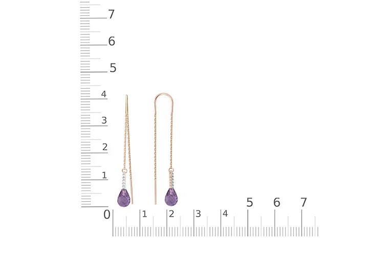 Серьги-продёвки из красного золота с 2 аметистами и 10 фианитами