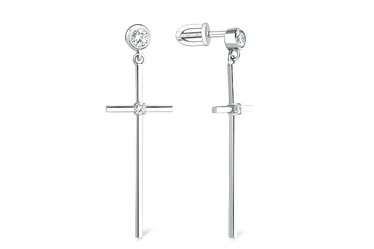 Серьги-пусеты Кресты из белого золота с 4 фианитами