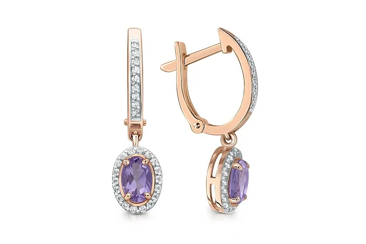 Серьги из красного золота с 2 аметистами и 54 фианитами