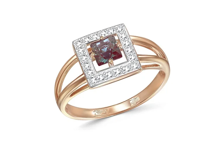 Кольцо из красного золота с александритом и 20 фианитами