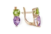 Серьги из красного золота с 2 аметистами и 2 хризолитами