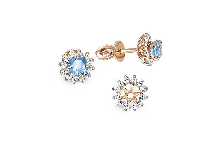 Серьги-пусеты из красного золота с 2 топазами swiss и 24 фианитами