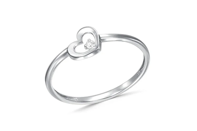 Кольцо Сердце из белого золота с фианитом