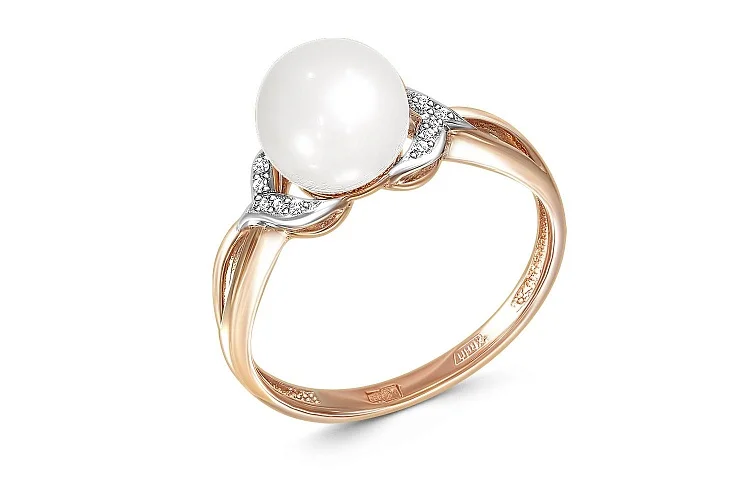 Кольцо из красного золота с жемчугом и 14 бриллиантами