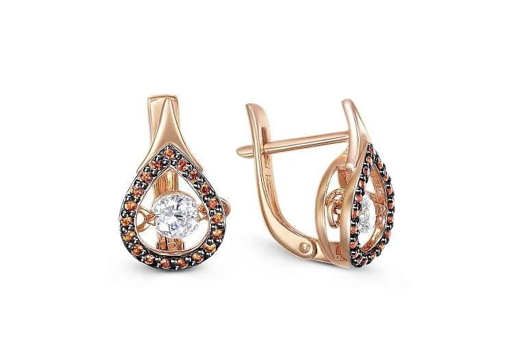 Серьги из красного золота с 2 кристаллами swarovski и 38 фианитами
