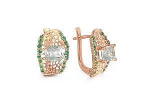Серьги из красного золота с 2 празиолитами и 34 фианитами