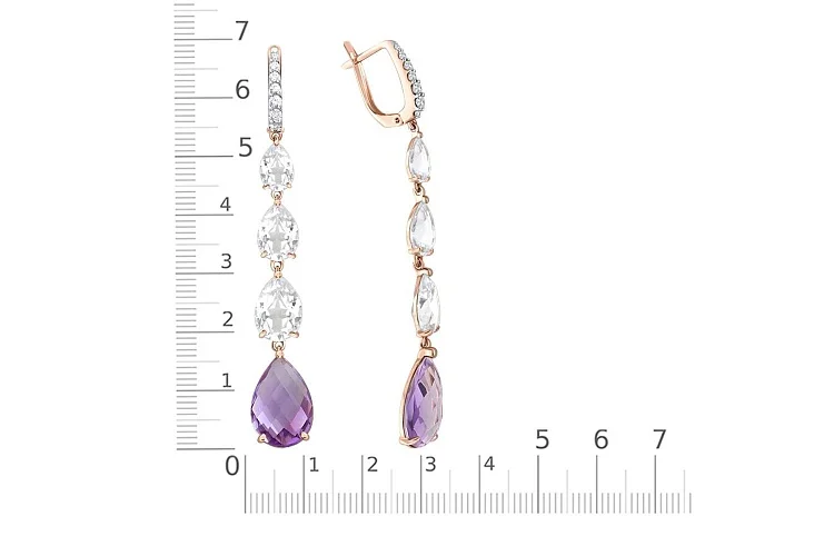 Серьги из красного золота с 2 аметистами и 20 фианитами