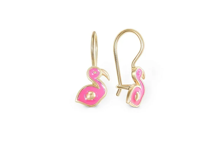 Детские серьги Фламинго из жёлтого золота без вставок