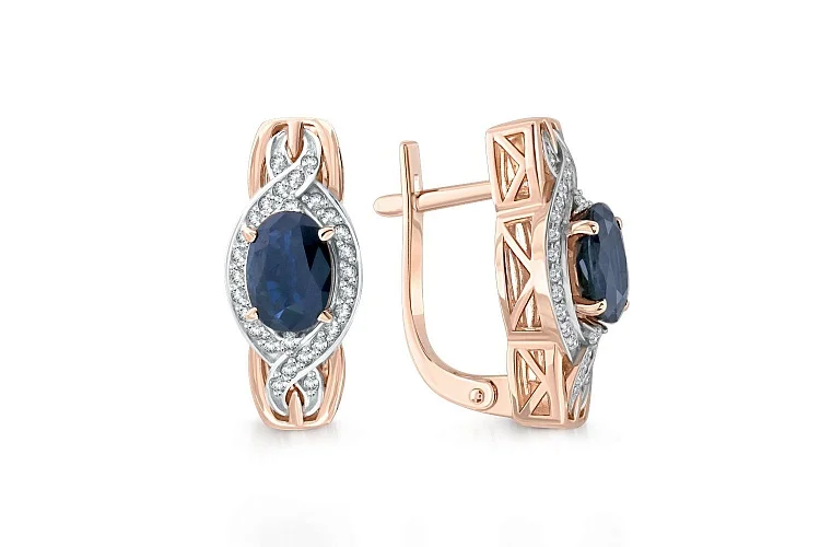 Серьги из красного золота с 2 сапфирами и 56 бриллиантами