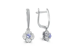 Серьги Цветы из белого золота с 2 танзанитами и 24 фианитами