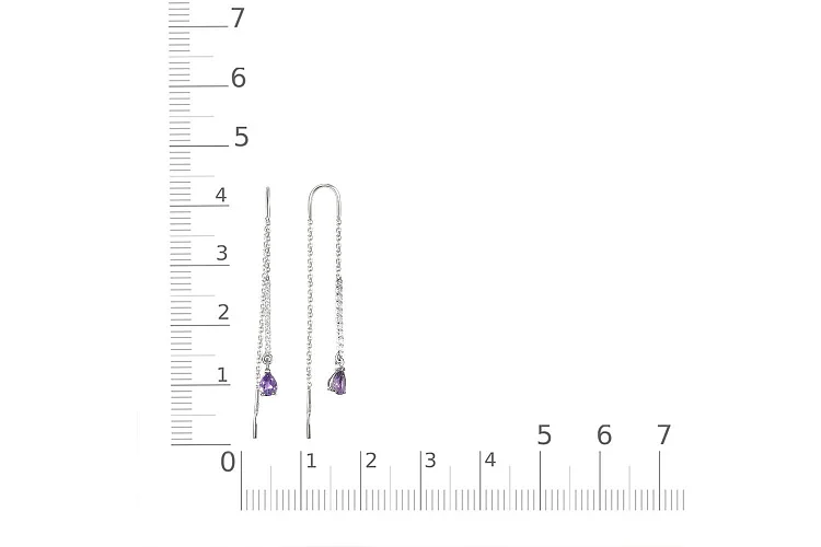 Серьги-продёвки Дорожки из белого золота с 2 аметистами и 20 фианитами