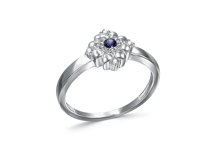 Кольцо Цветок из белого золота с корундом и 4 фианитами