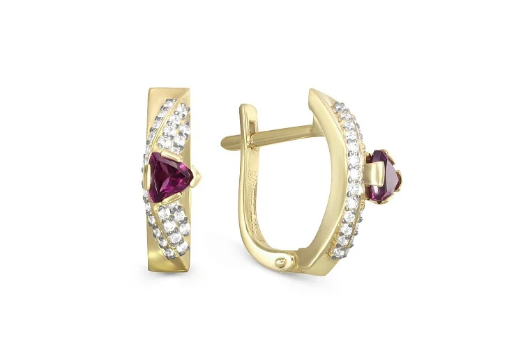 Серьги из жёлтого золота с 2 гранатами и 54 фианитами