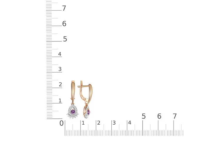 Серьги из красного золота с 2 аметистами и 44 фианитами
