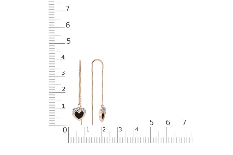 Серьги-продёвки Сердца из красного золота с 2 ониксами и 14 бриллиантами