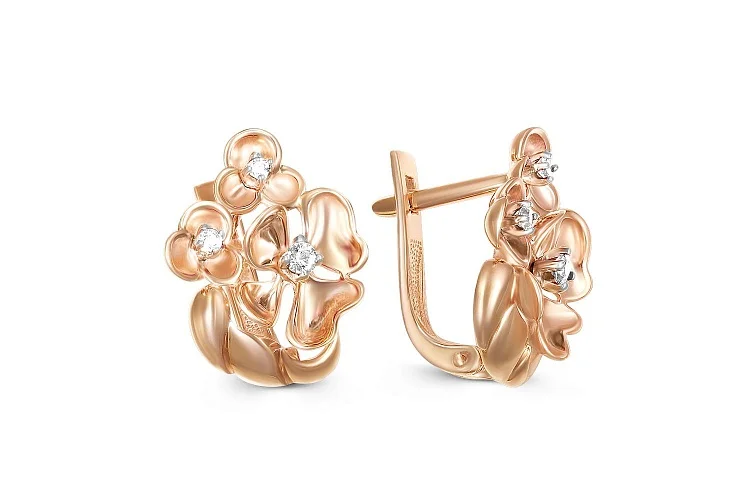 Серьги Цветы из красного золота с 6 фианитами