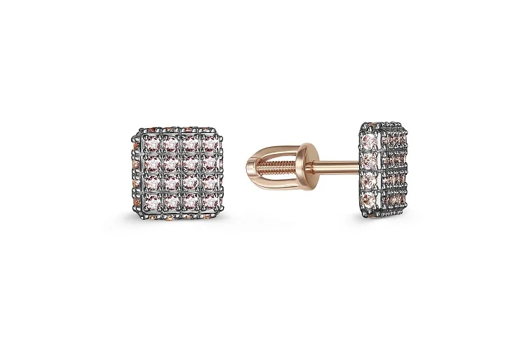 Серьги-пусеты Квадраты из красного золота с 64 фианитами