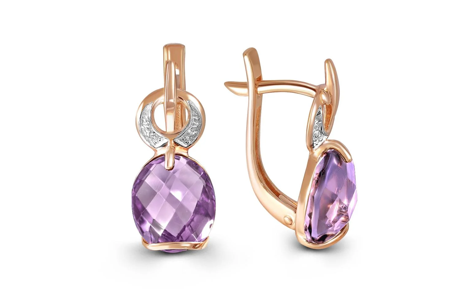 Серьги из красного золота с 2 аметистами и 4 фианитами