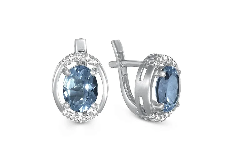 Серьги из белого золота с 2 топазами лондон и 20 фианитами