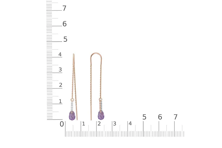 Серьги-продёвки из красного золота с 2 аметистами и 10 фианитами
