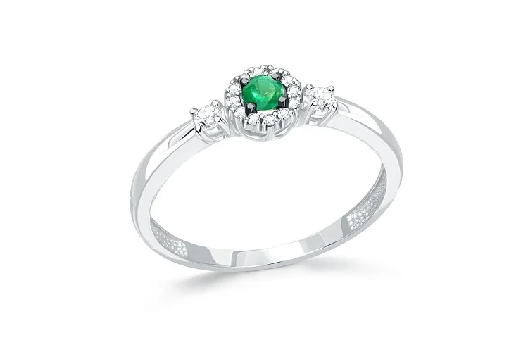 Кольцо из белого золота с изумрудом и 14 бриллиантами