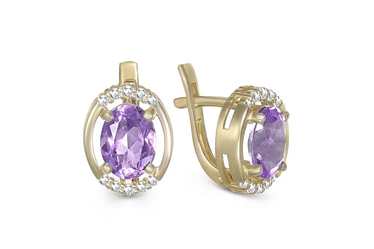 Серьги из жёлтого золота с 2 аметистами и 20 фианитами