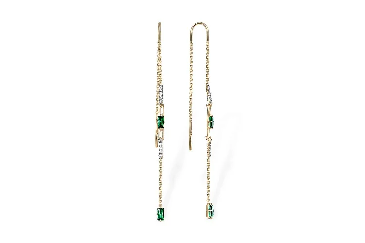 Серьги-продёвки из жёлтого золота с 4 изумрудами и 20 бриллиантами