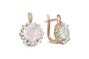 Серьги из красного золота с 2 опалами и 32 фианитами