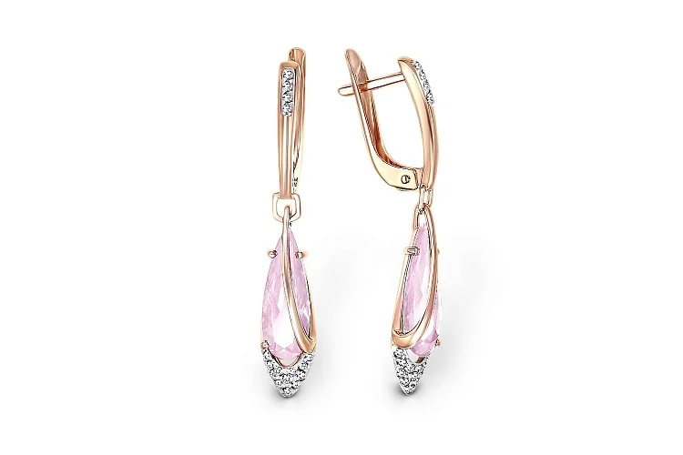 Серьги из красного золота с 2 кварцами и 32 фианитами