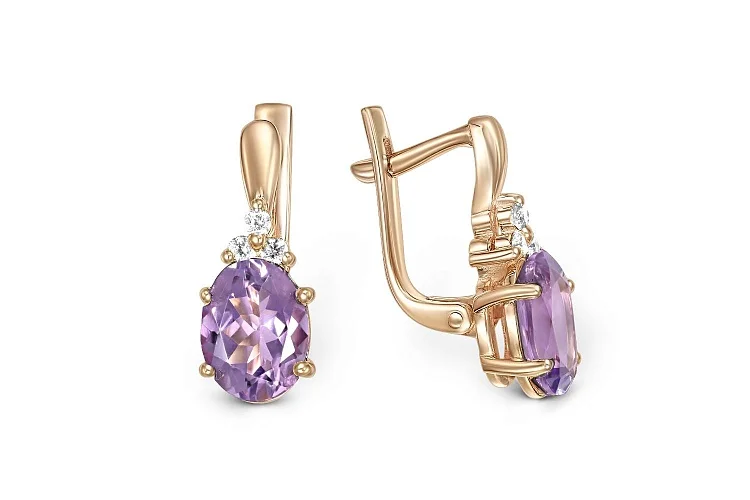 Серьги из красного золота с 2 аметистами и 6 фианитами